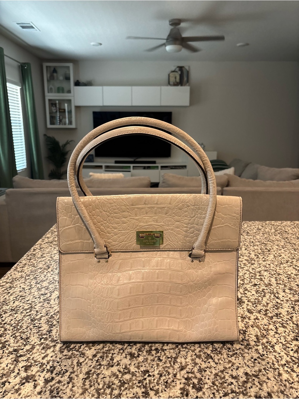 Kate Spade Croc-Embossed Leather Handbag | White/Cream | Medium